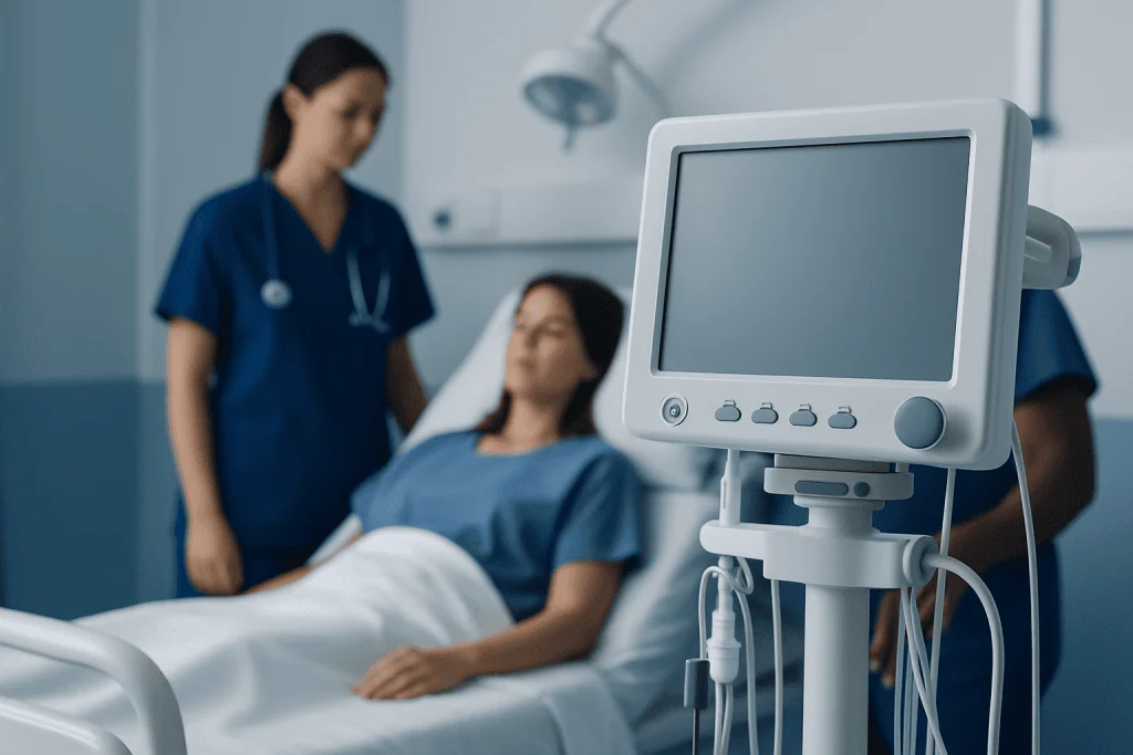 Hospital room with patient and medical staff, monitor in foreground.