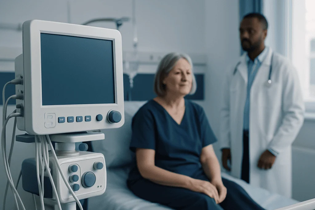 Patient in hospital bed with medical monitor and doctor in background.