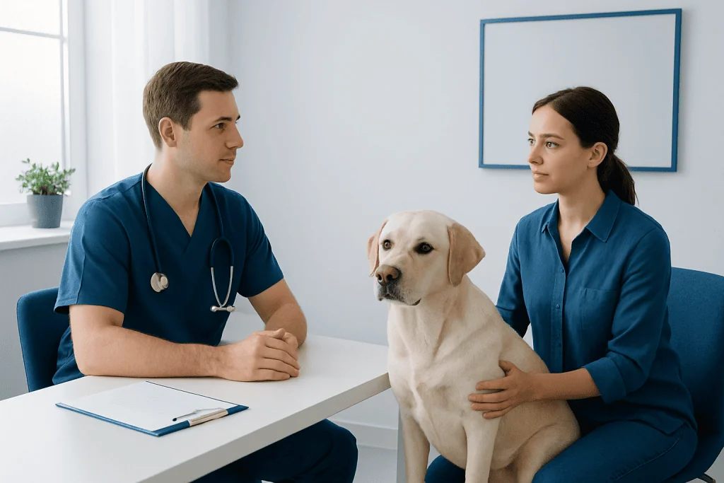 Veterinarian consults with pet owner about dog health at clinic.