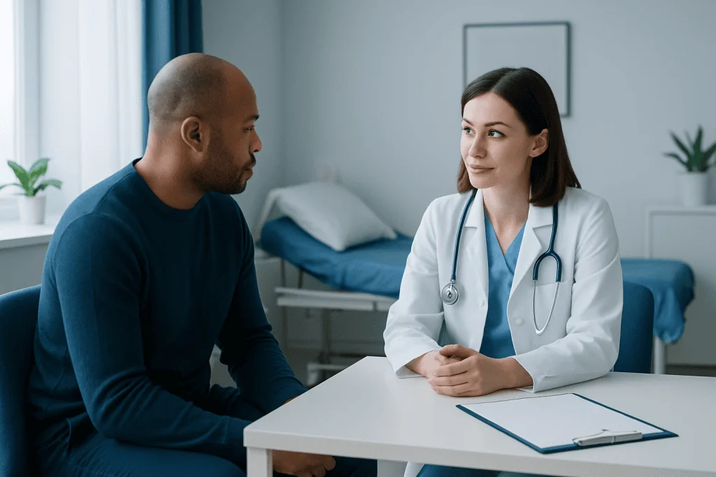 Doctor consulting with patient in a medical office at Acibadem Hospitals Group.