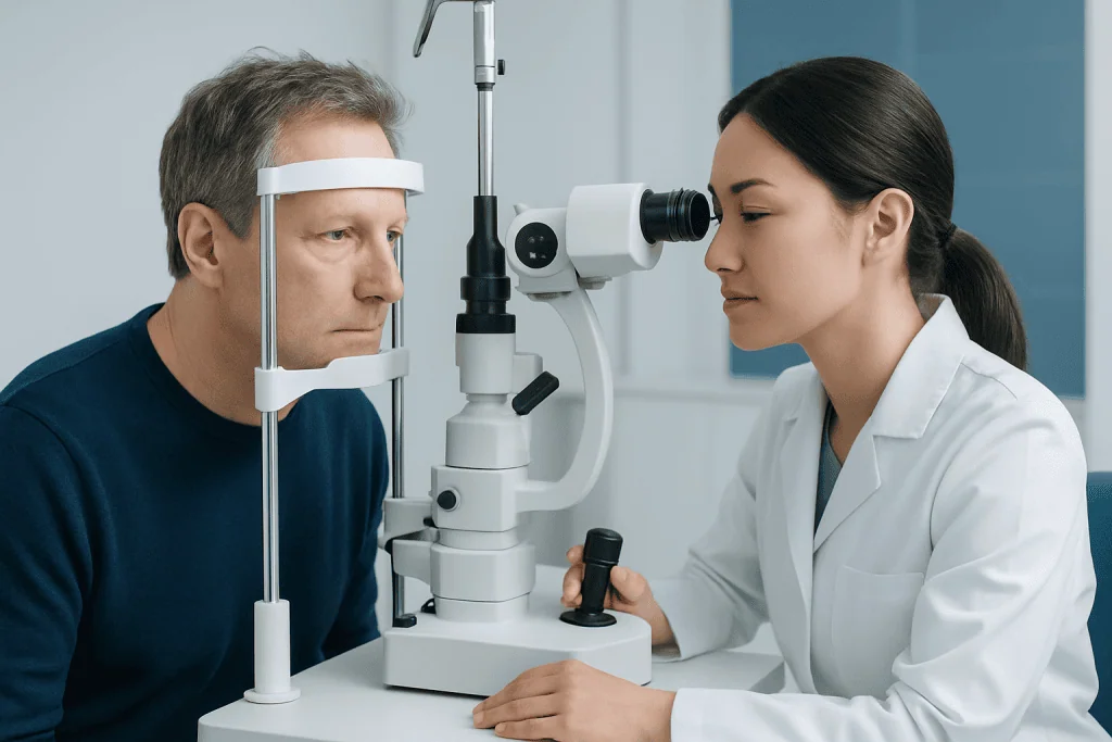 Ophthalmologist examining patient's eye with slit lamp in clinic.