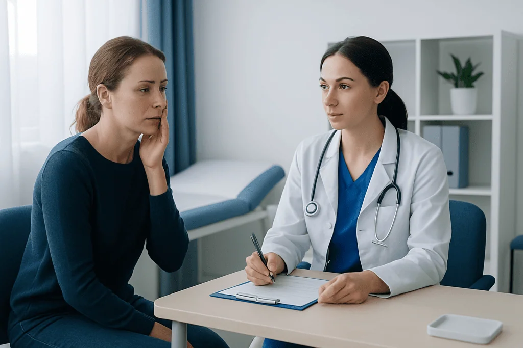 Doctor consulting with a patient about skin concerns in a clinical setting.