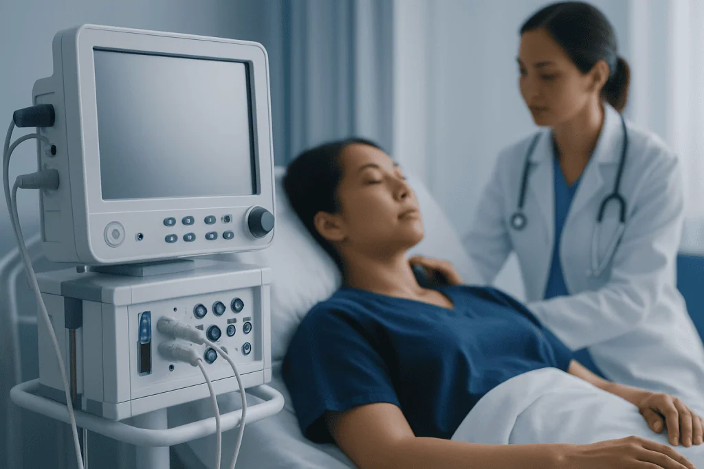 Medical professional monitoring patient during treatment with medical equipment.