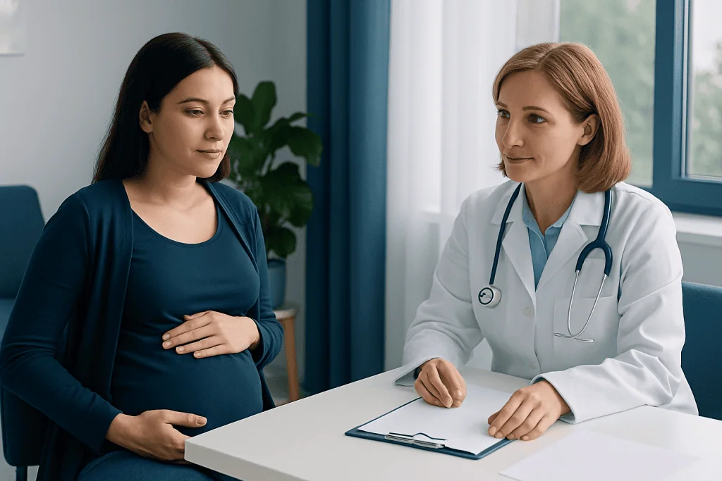 Pregnant woman consulting with a doctor in a medical office.