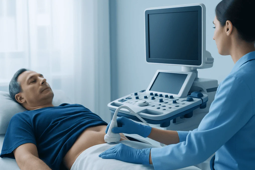 Doctor performing an ultrasound on a patient in a hospital setting.