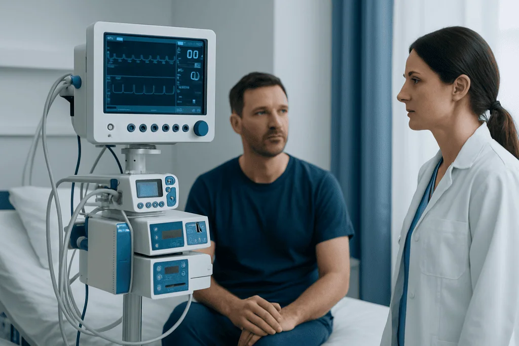 Doctor consulting male patient in hospital room with medical monitors.