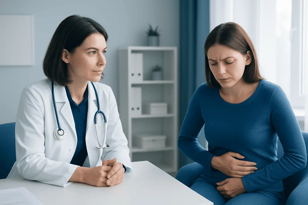 Doctor consulting with a patient experiencing abdominal pain at a hospital.