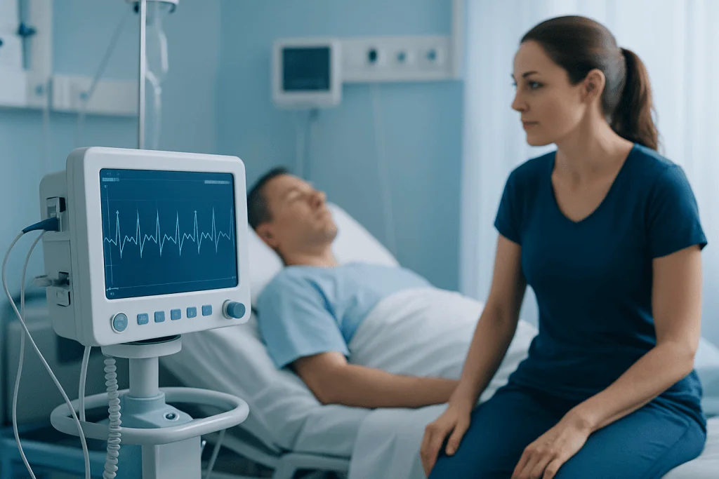 Medical professional monitoring patient with ECG in hospital room.