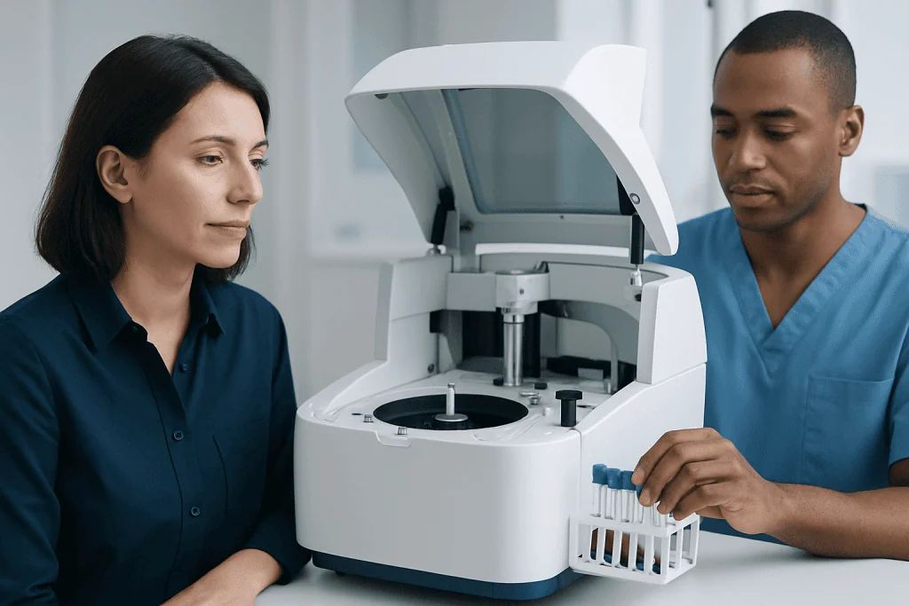 Laboratory technician operating a medical analyzer at Acibadem Hospitals Group.
