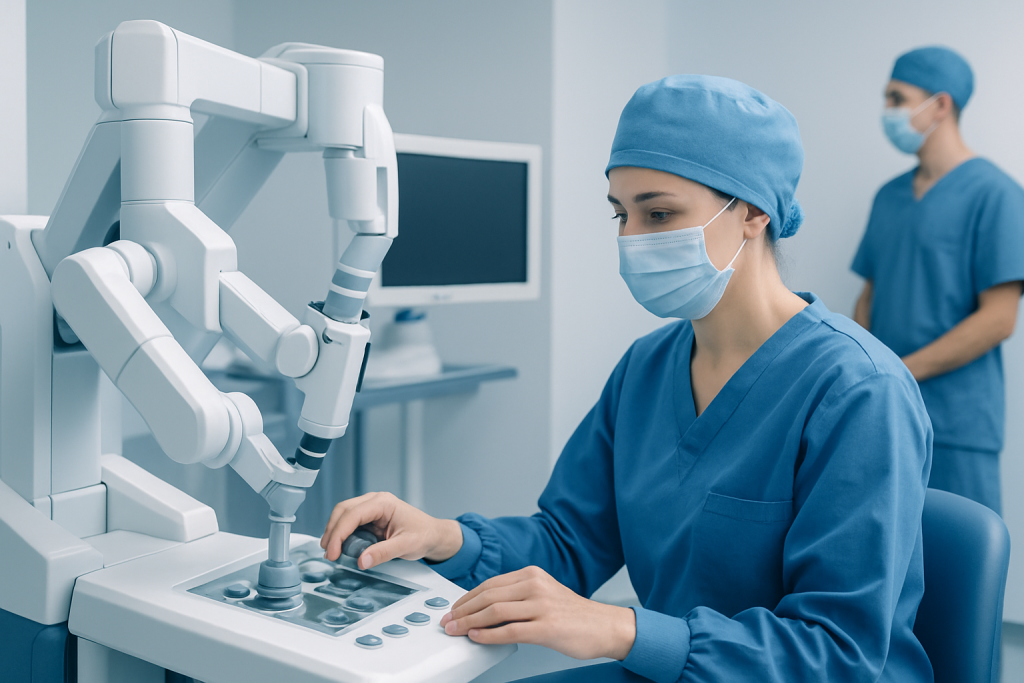 Female surgeon operating advanced medical imaging equipment in hospital.