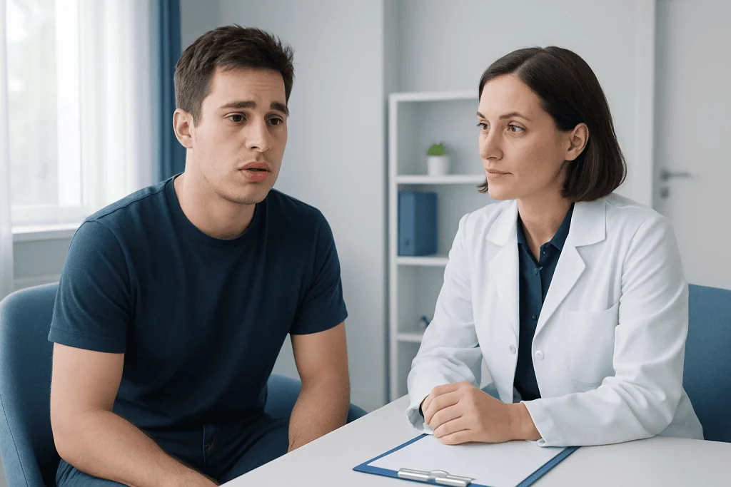 Doctor consulting with a young male patient about health concerns.