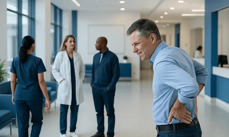 Lower Back Hurts Standing Up: What Patients Need to Know 6 Man experiencing lower back pain in a hospital corridor.