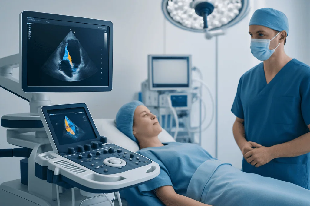 Medical team performing echocardiogram on patient in hospital.
