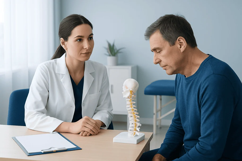 Doctor explaining cervical spine issues to patient in a clinic setting.