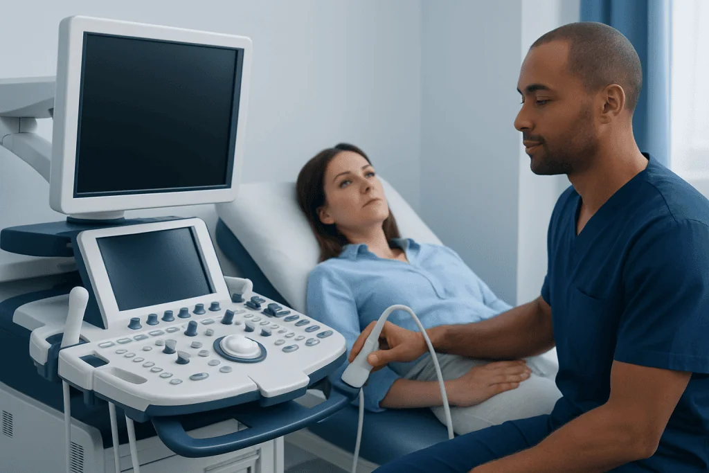 Medical professional performing an ultrasound on a patient in a hospital room.