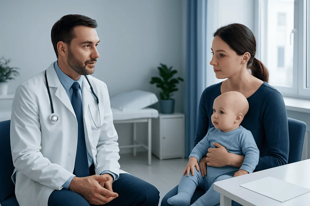 Doctor consulting with mother and baby in a hospital room.