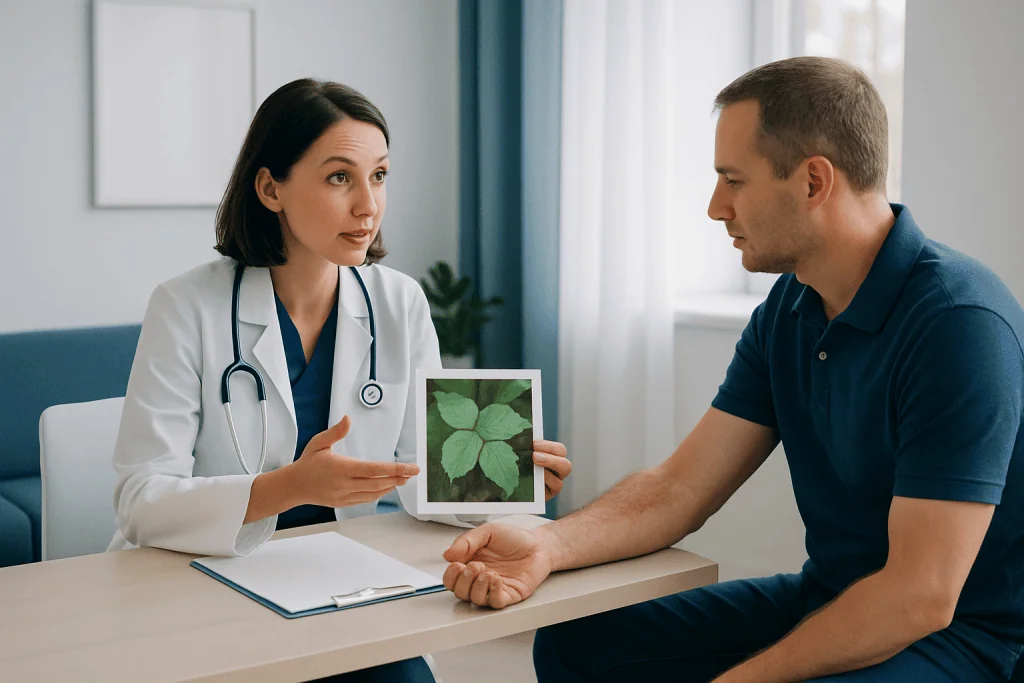 Doctor explains poison ivy symptoms to patient in consultation room.