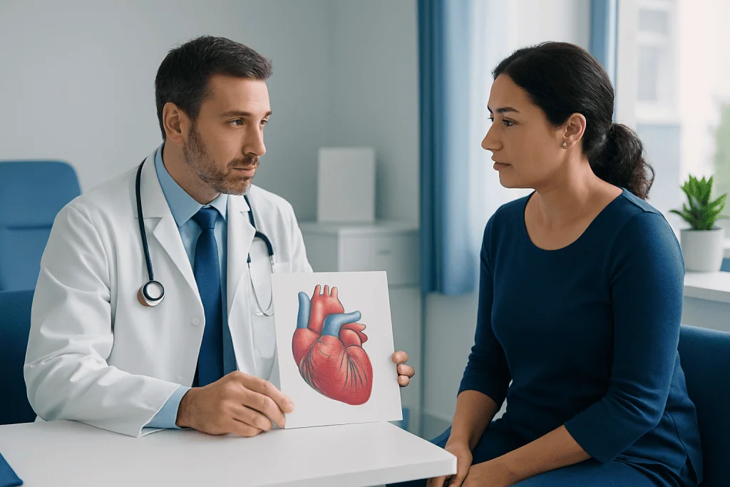 Doctor explaining heart diagram to patient in consultation room.