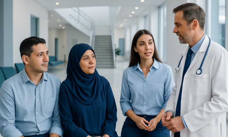 Medical interpreter assisting patients during a consultation at a hospital.