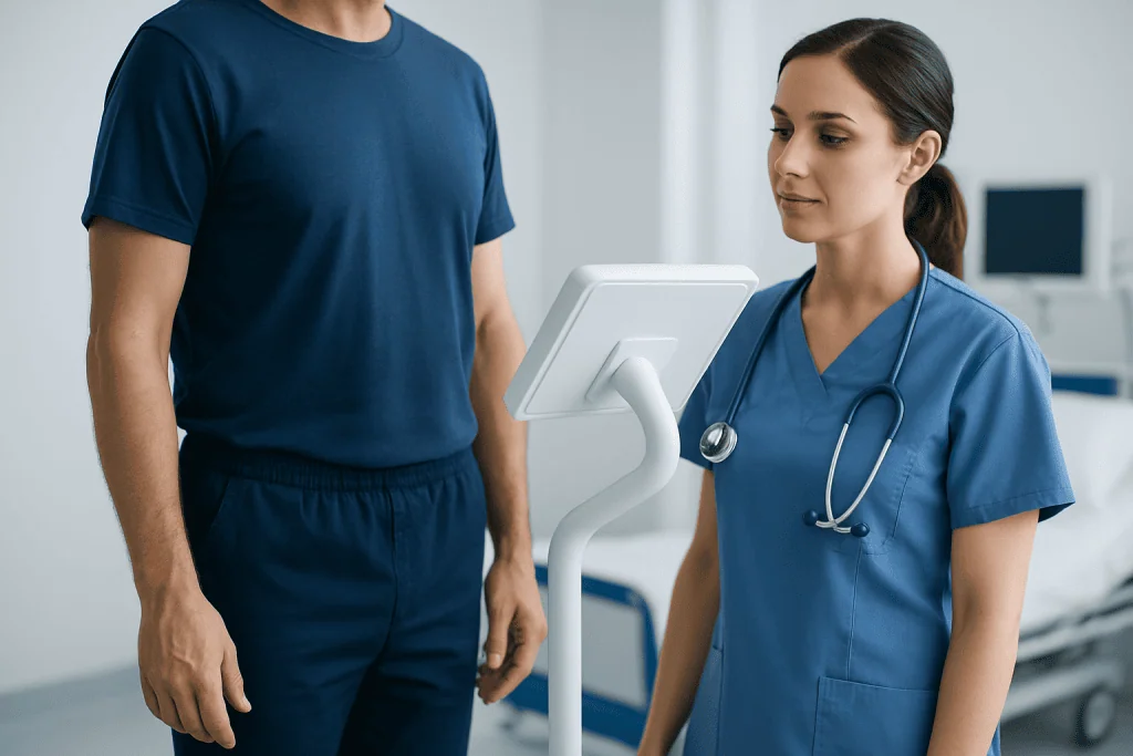 Medical professional weighing patient on digital scale at hospital.