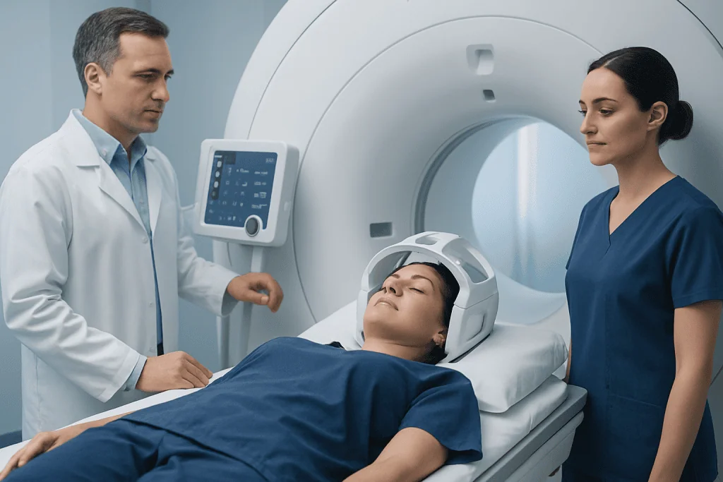 Patient undergoing MRI scan at Acibadem Hospital with medical staff present.