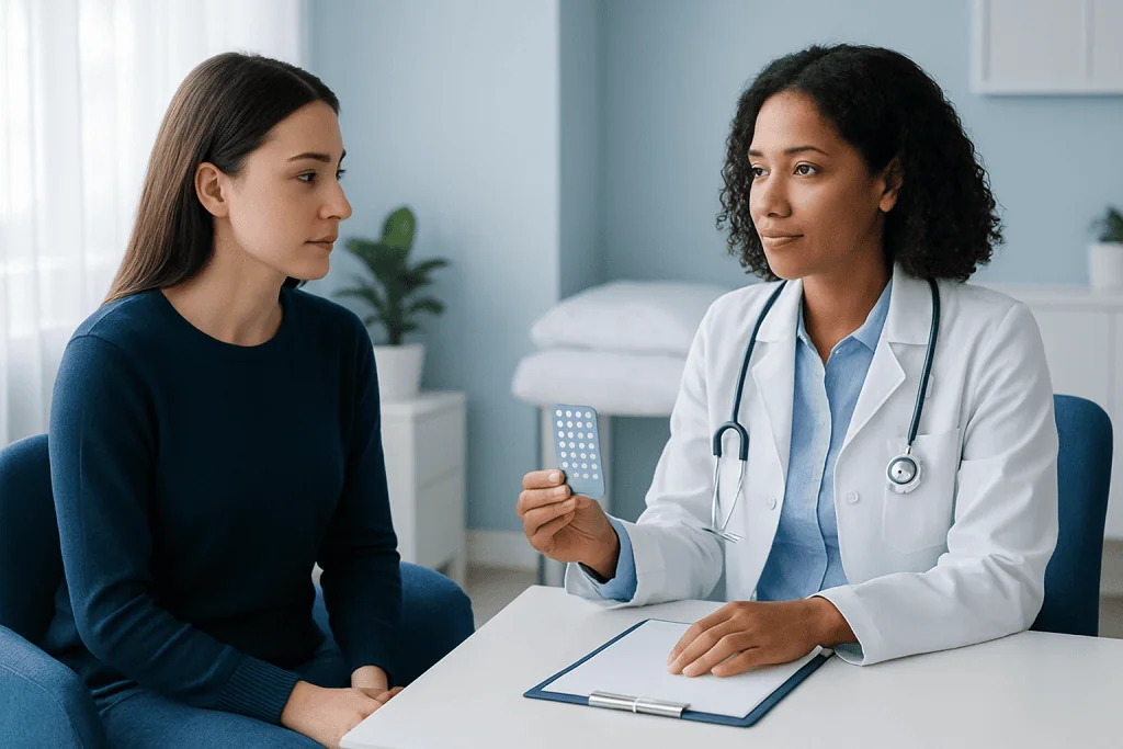 Doctor consulting with patient in a medical office setting.
