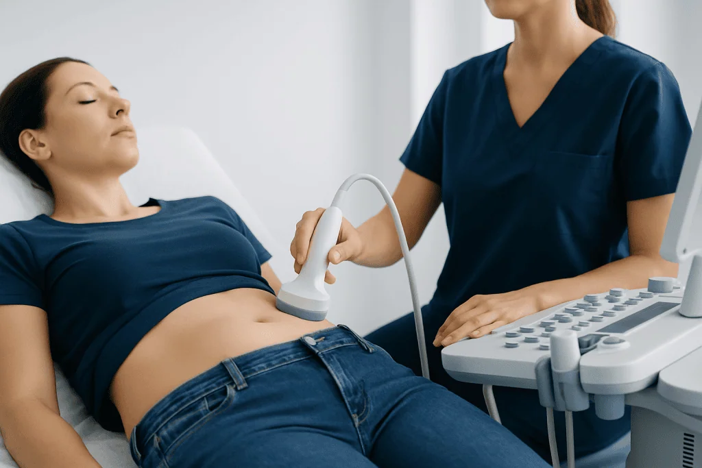Medical professional performing an ultrasound on a woman with a flat stomach.