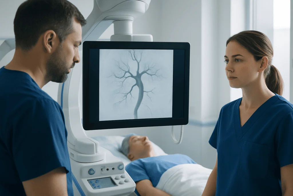 Medical professionals monitor brain scan in hospital setting.