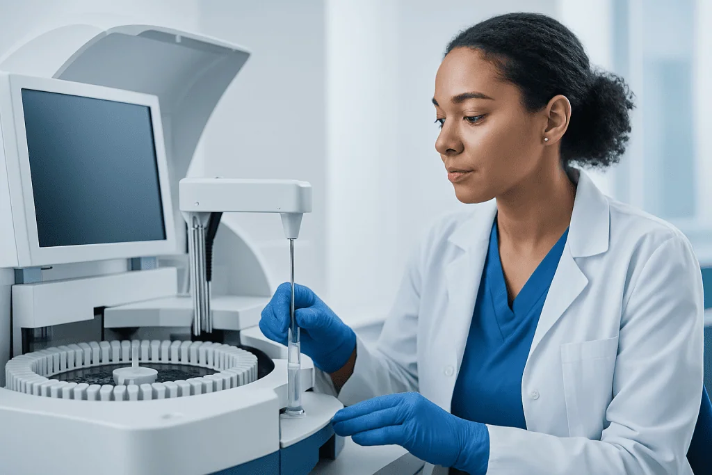 Laboratory technician operating a blood analyzer machine at Acibadem Hospitals.
