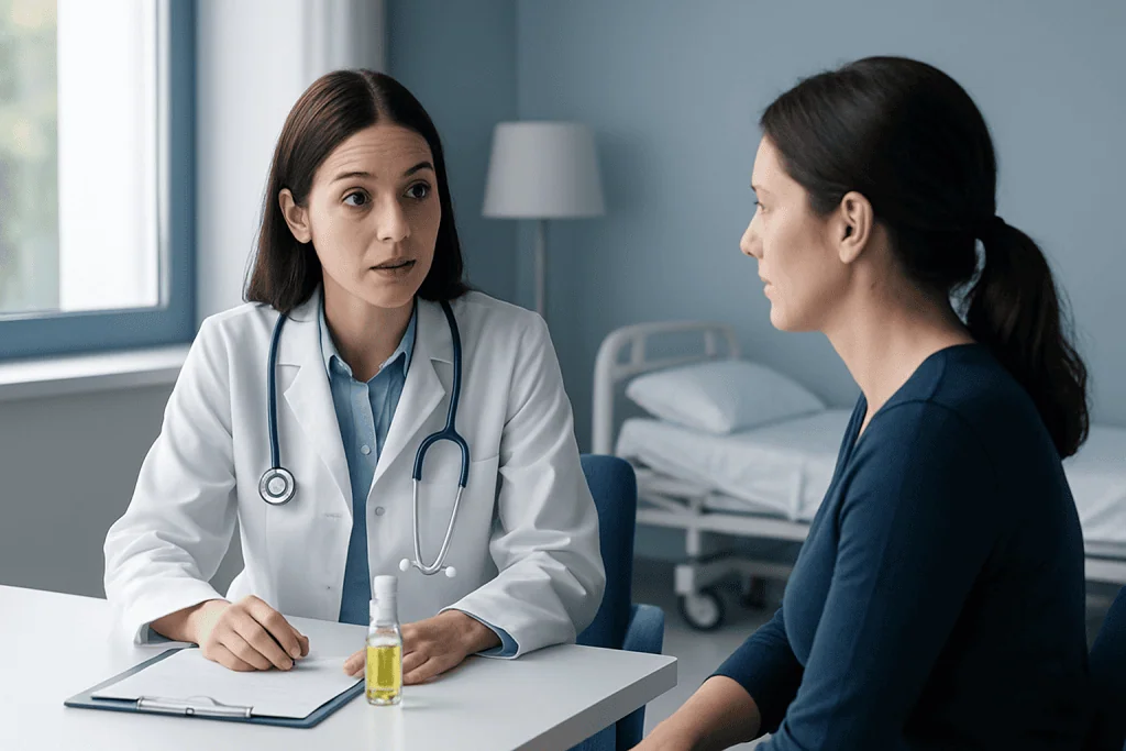 Doctor consulting a patient in a hospital room with medical equipment.