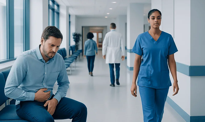 Patient experiencing abdominal pain in hospital corridor.