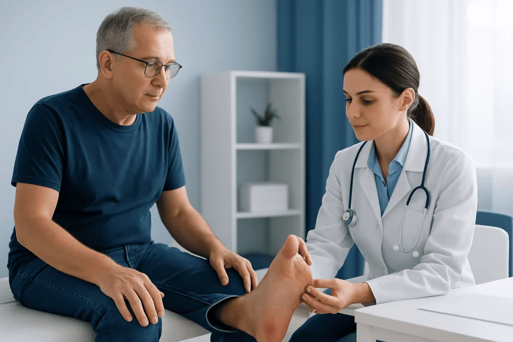 Doctor examining patient's foot for diabetic foot issues at hospital.