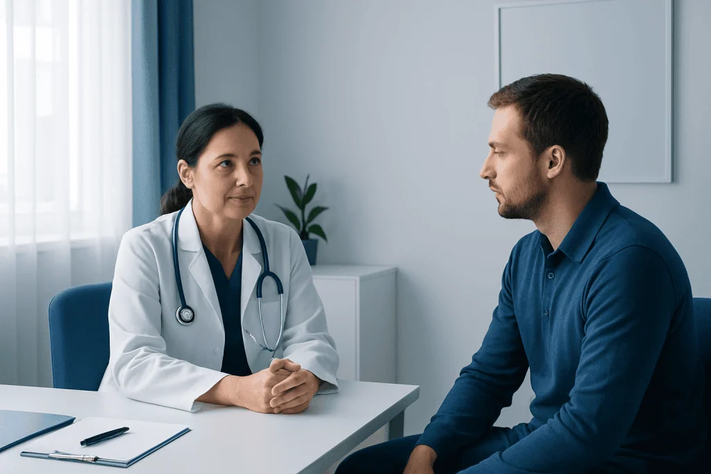 Doctor consulting with a patient in a medical office setting.