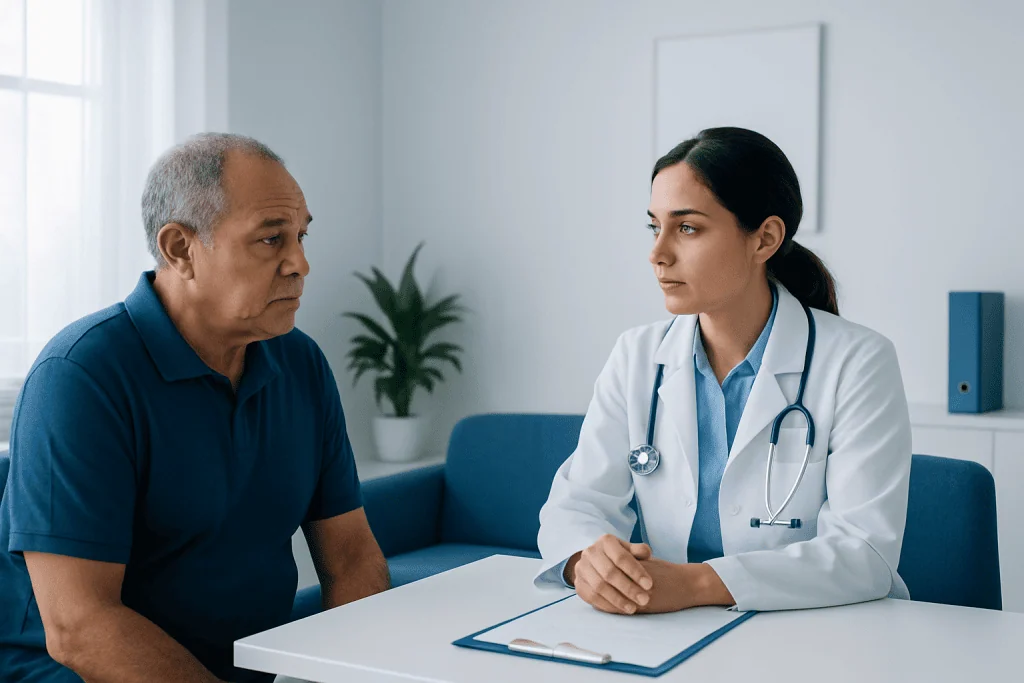 Doctor consulting with an older male patient in a modern clinic setting.