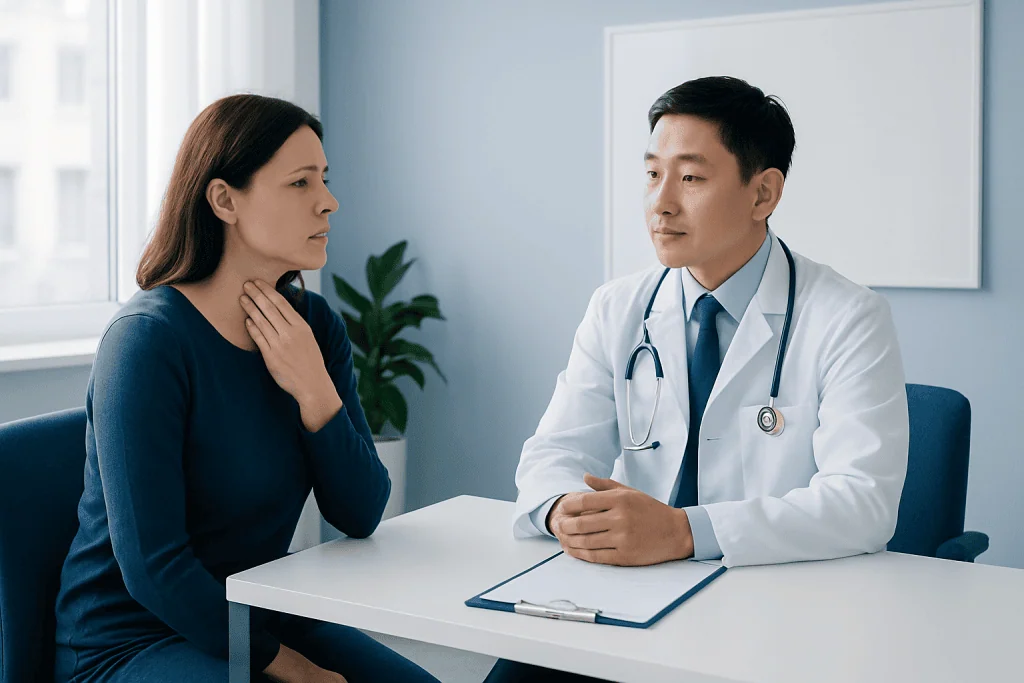 Doctor consulting a patient about neck cancer symptoms in a clinical setting.