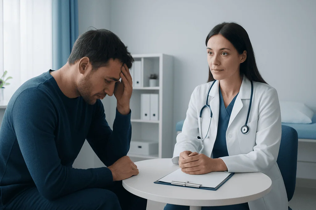 Patient consulting with doctor in a medical office setting.