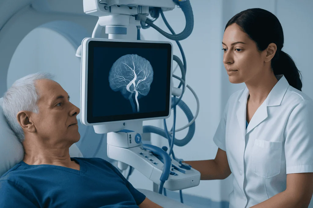 Doctor reviewing brain scan with elderly patient in hospital.