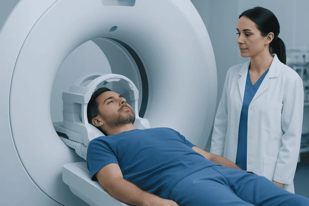 Patient undergoing MRI scan at Acibadem Hospital for cancer diagnosis.