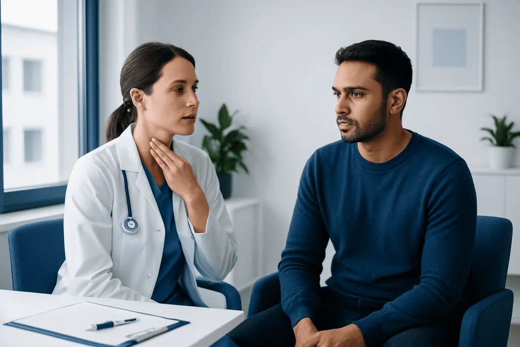 Doctor consulting patient about throat health and bruising symptoms.