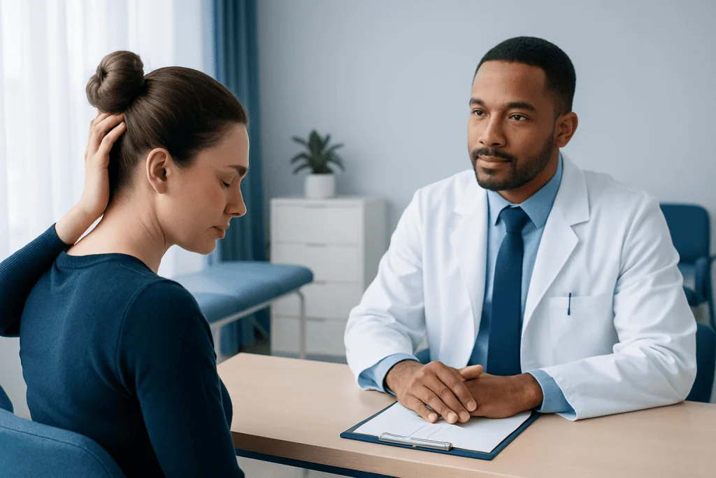 Doctor consulting with a patient about headache causes in a clinic setting.