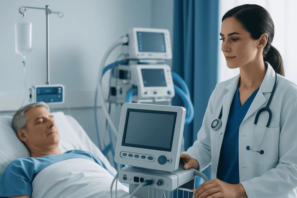 Healthcare professional monitoring a patient with medical equipment in hospital.