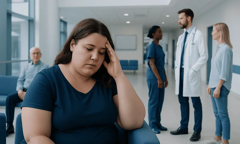 Young woman with headache in hospital waiting area.