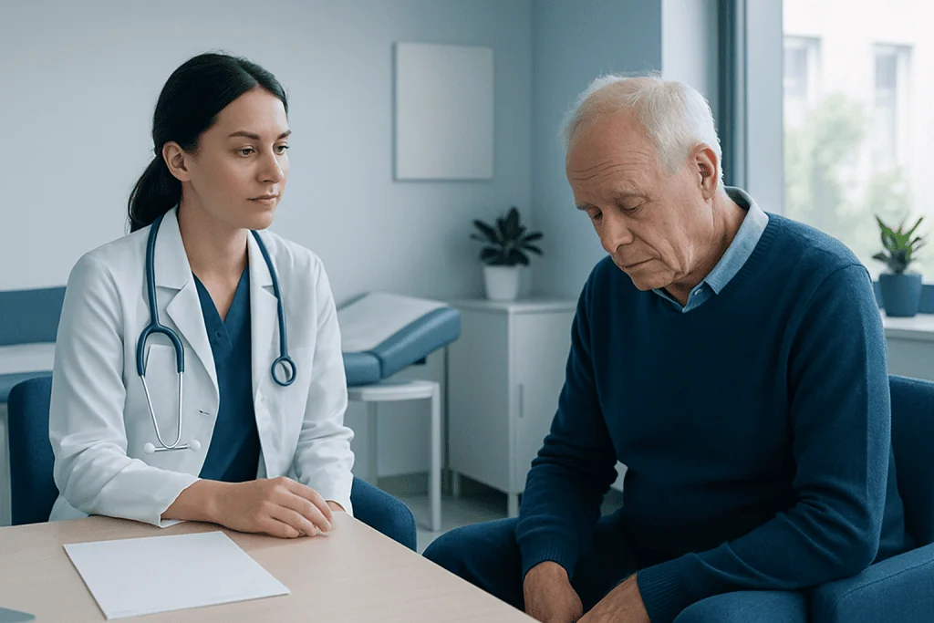Doctor consulting with elderly patient in a medical office.