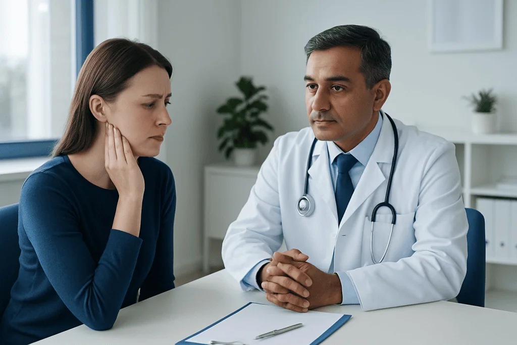 Doctor consulting with a patient about jaw pain or TMJ issues.