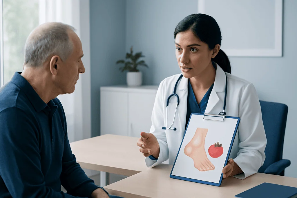 Doctor explaining gout and diet to patient with tomato illustration.
