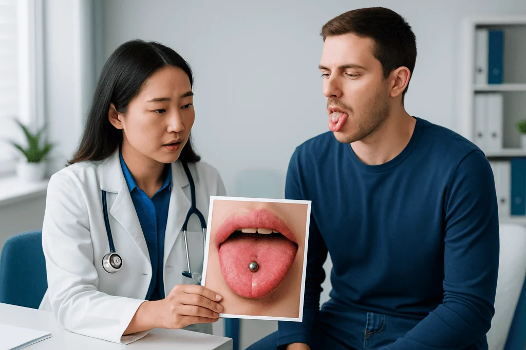 Doctor shows tongue with piercing to patient in consultation.