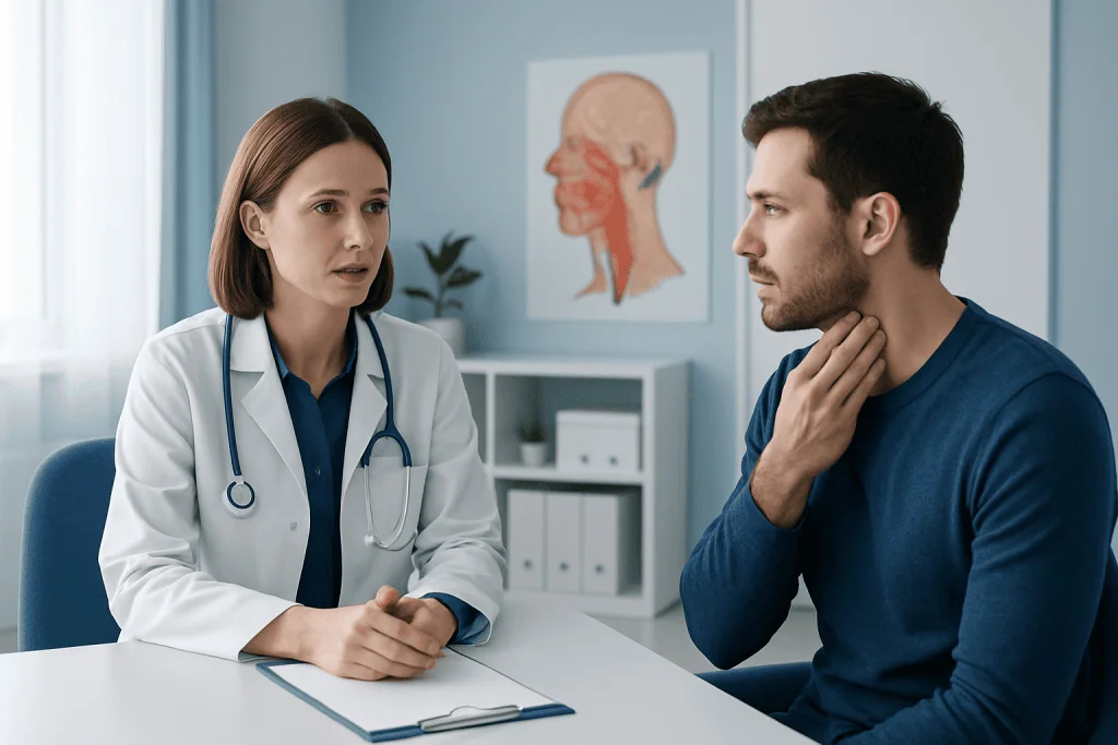 Doctor consulting patient about tonsil bleeding in a medical office.