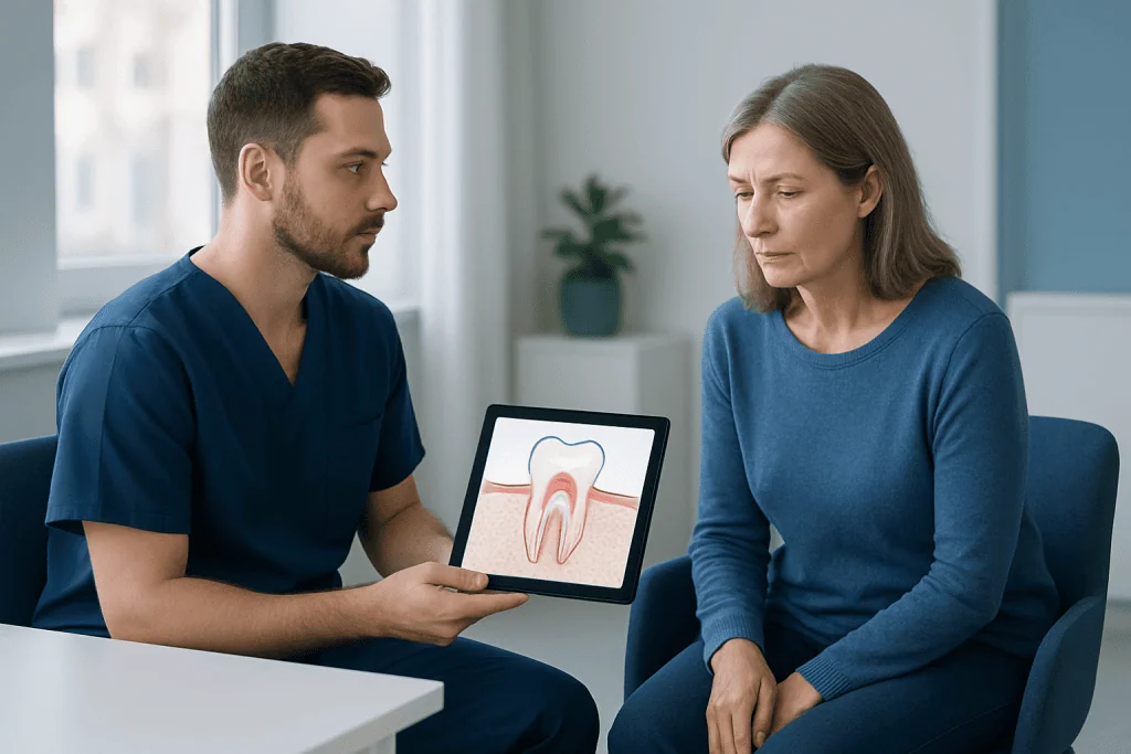 Dentist explaining exposed tooth root to patient with dental diagram on tablet.