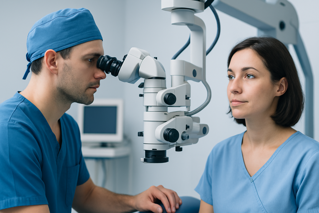Ophthalmologist performing eye examination with a microscope at Acibadem Hospital.
