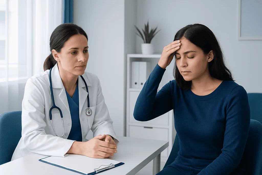 Doctor consulting with a woman showing symptoms of fever.